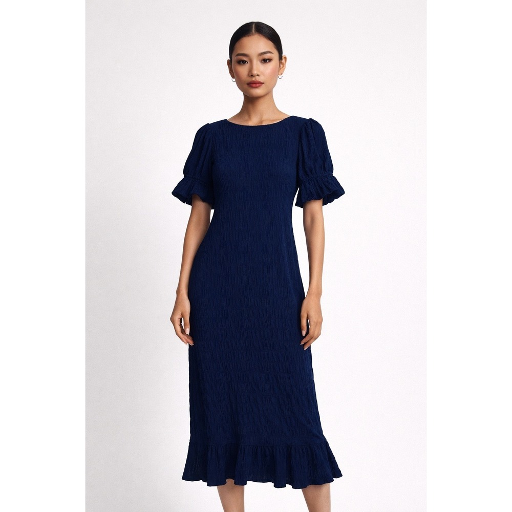 Lost + Wander Navy Blue Textured Puff Sleeve Ruffle Hem Midi Dress M NWT